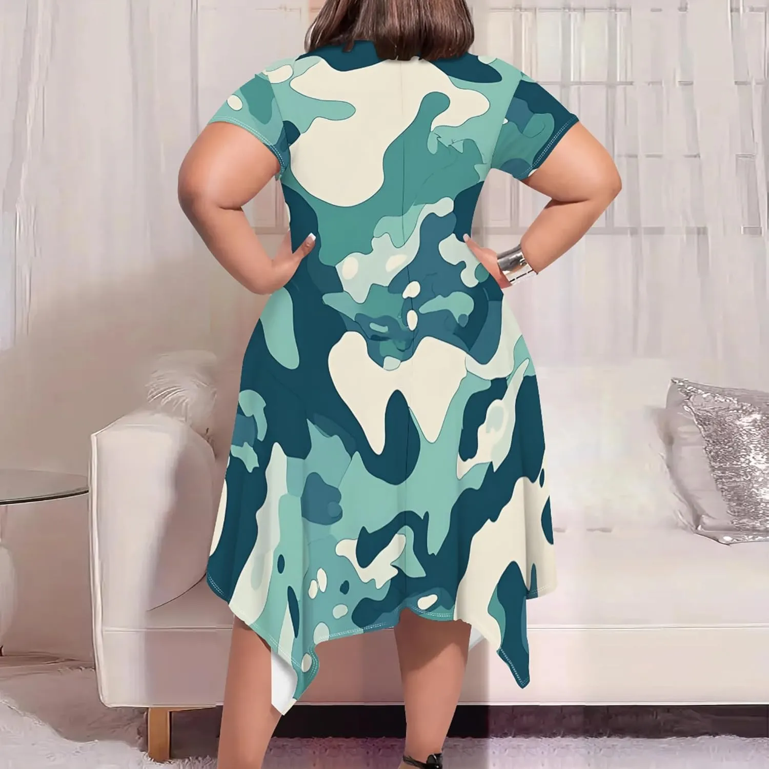 Women's Sexy Curve Fit T-Shirt Dress Plus Size Short Sleeve Midi Dress Camouflage Graphic Print Dress with Pockets