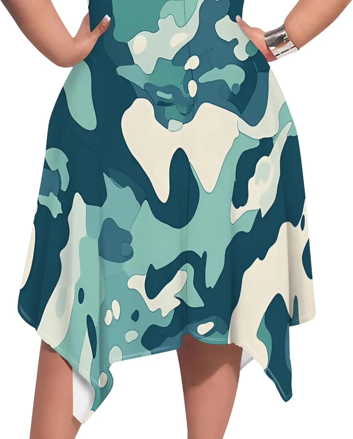 Women's Sexy Curve Fit T-Shirt Dress Plus Size Short Sleeve Midi Dress Camouflage Graphic Print Dress with Pockets