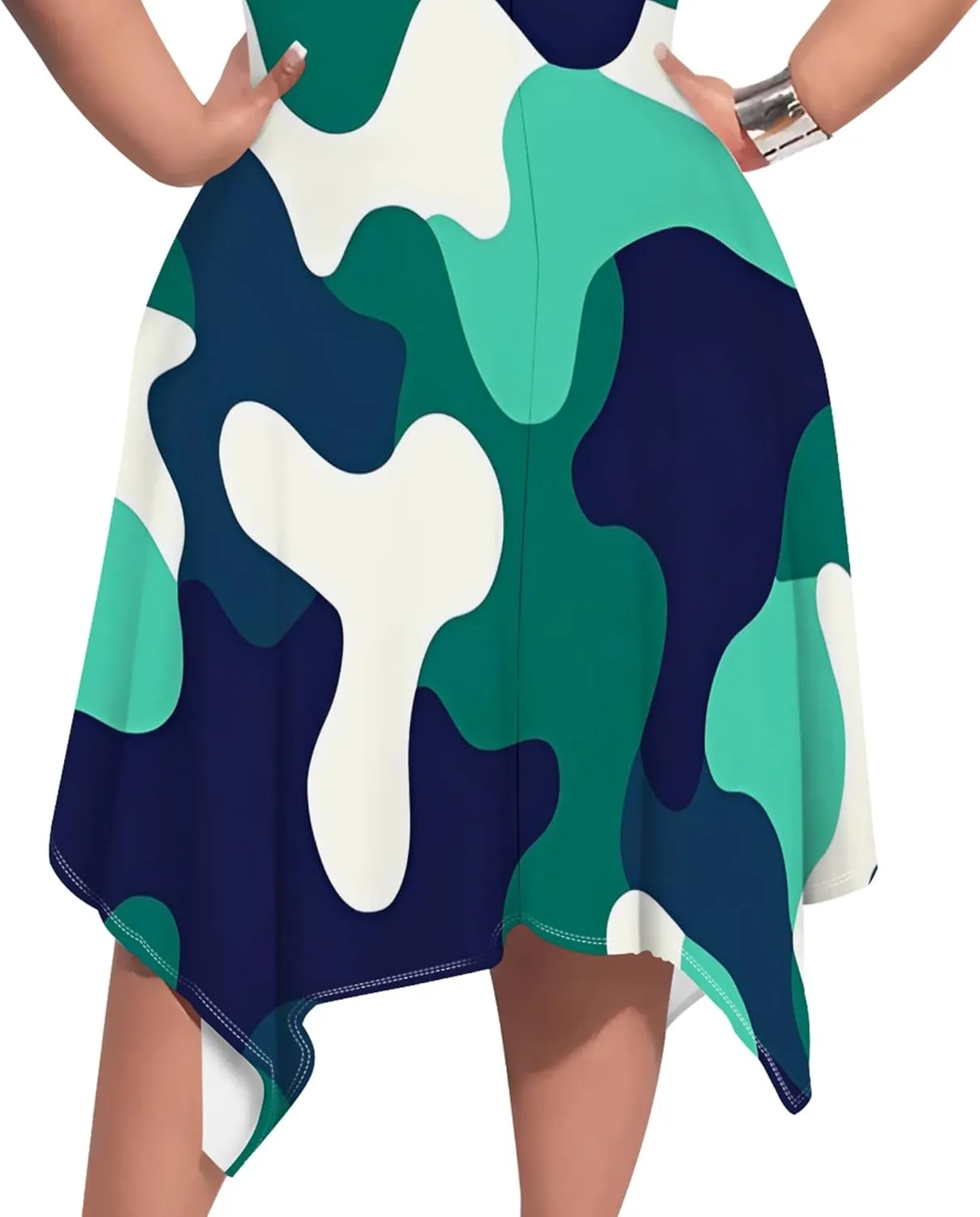 Women's Sexy Curve Fit T-Shirt Dress Plus Size Short Sleeve Midi Dress Camouflage Graphic Print Dress with Pockets