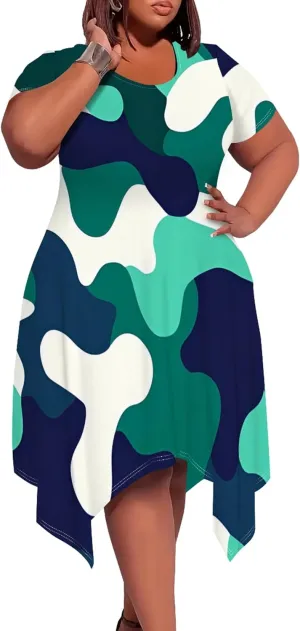 Women's Sexy Curve Fit T-Shirt Dress Plus Size Short Sleeve Midi Dress Camouflage Graphic Print Dress with Pockets
