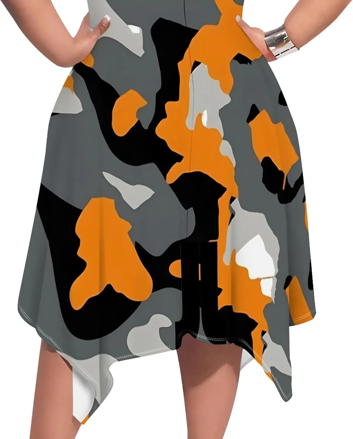 Women's Sexy Curve Fit T-Shirt Dress Plus Size Short Sleeve Midi Dress Camouflage Graphic Print Dress with Pockets