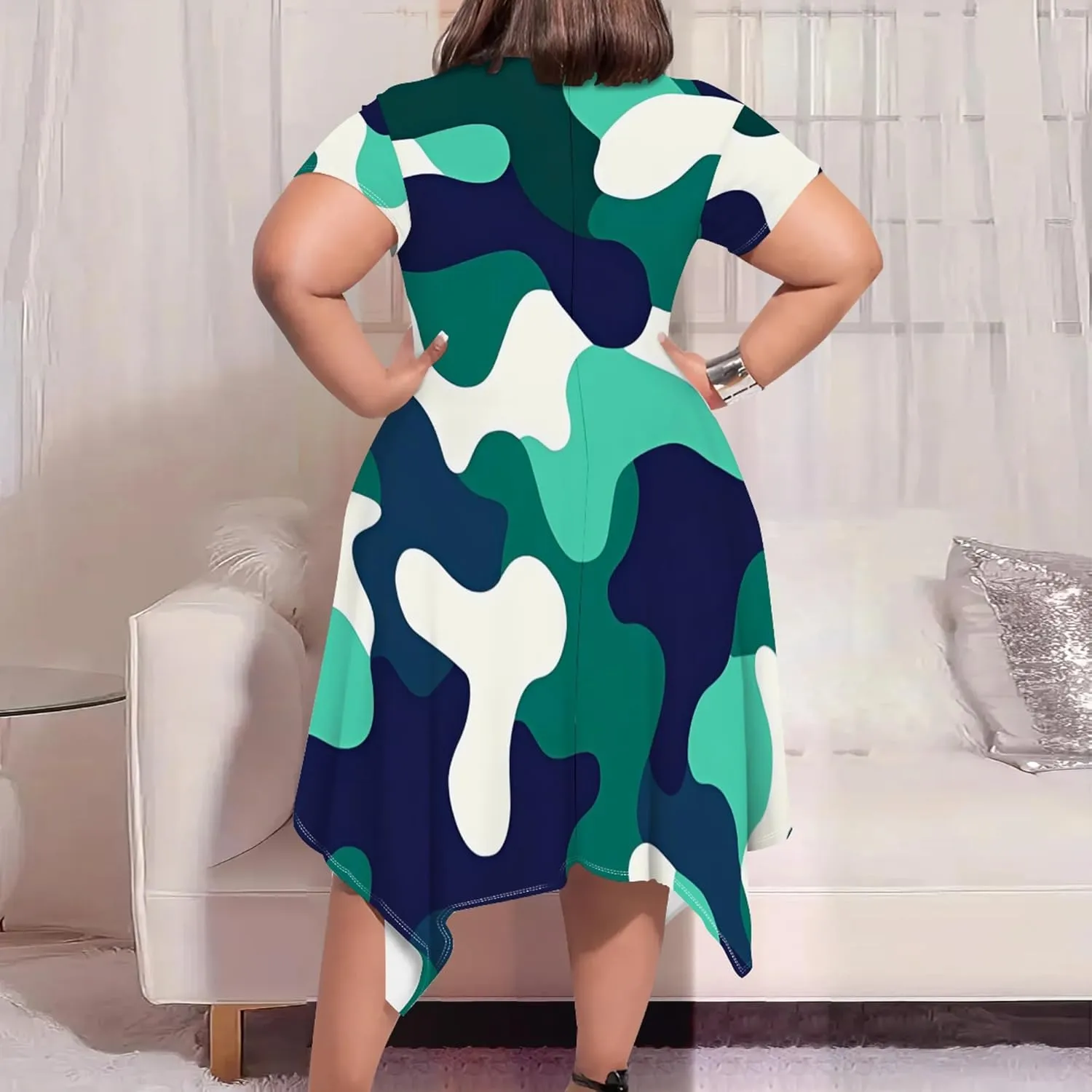Women's Sexy Curve Fit T-Shirt Dress Plus Size Short Sleeve Midi Dress Camouflage Graphic Print Dress with Pockets