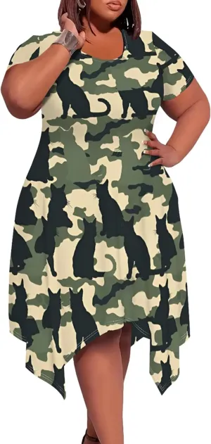 Women's Sexy Curve Fit T-Shirt Dress Plus Size Short Sleeve Midi Dress Camouflage Graphic Print Dress with Pockets