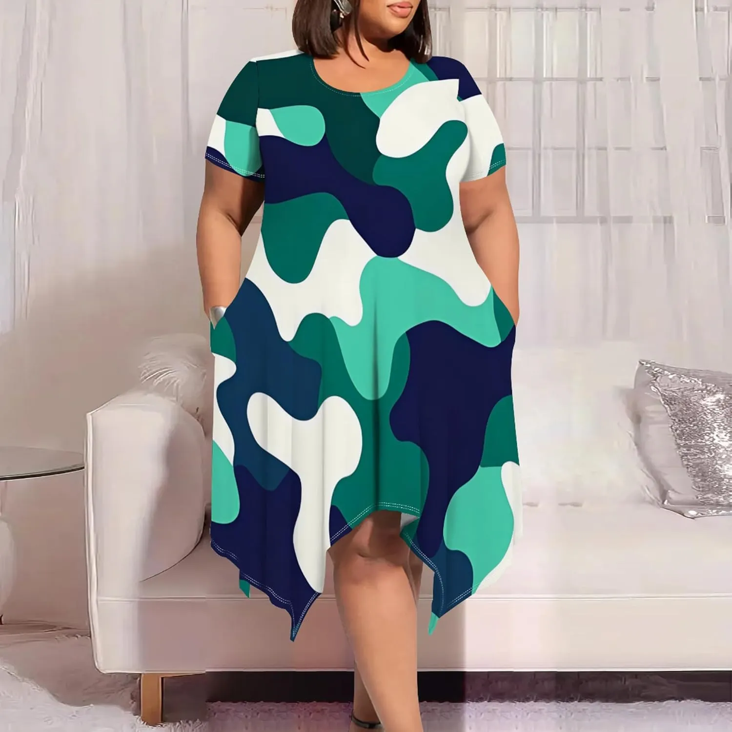 Women's Sexy Curve Fit T-Shirt Dress Plus Size Short Sleeve Midi Dress Camouflage Graphic Print Dress with Pockets