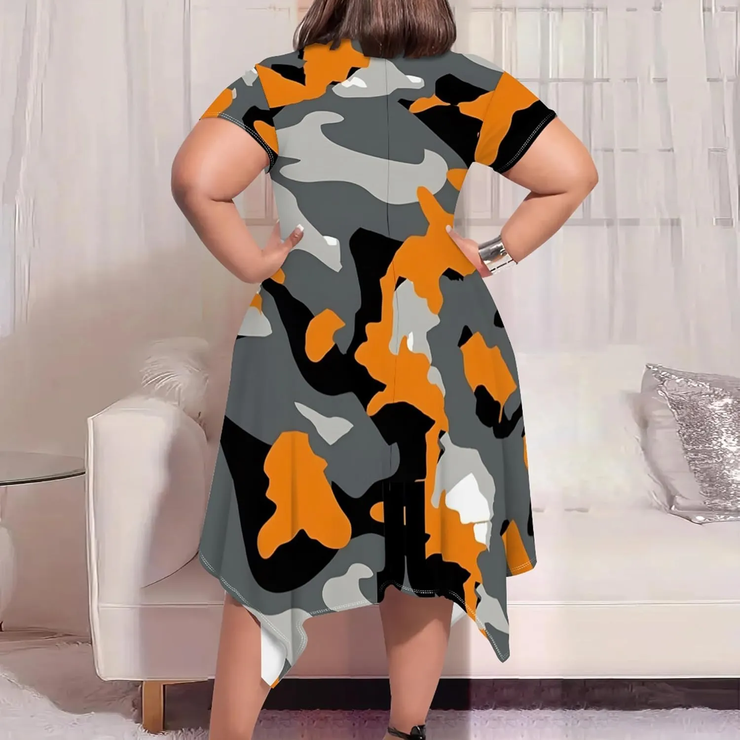 Women's Sexy Curve Fit T-Shirt Dress Plus Size Short Sleeve Midi Dress Camouflage Graphic Print Dress with Pockets