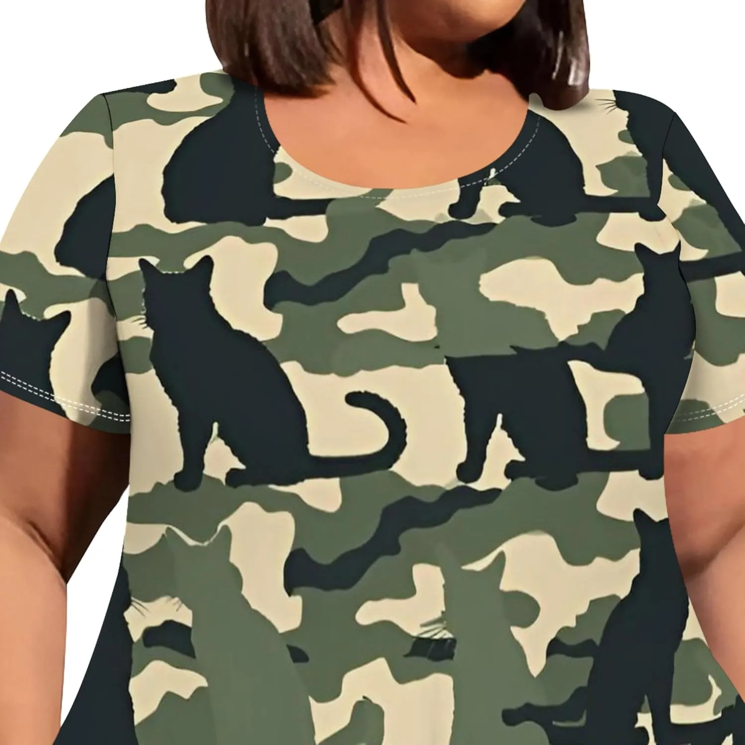 Women's Sexy Curve Fit T-Shirt Dress Plus Size Short Sleeve Midi Dress Camouflage Graphic Print Dress with Pockets