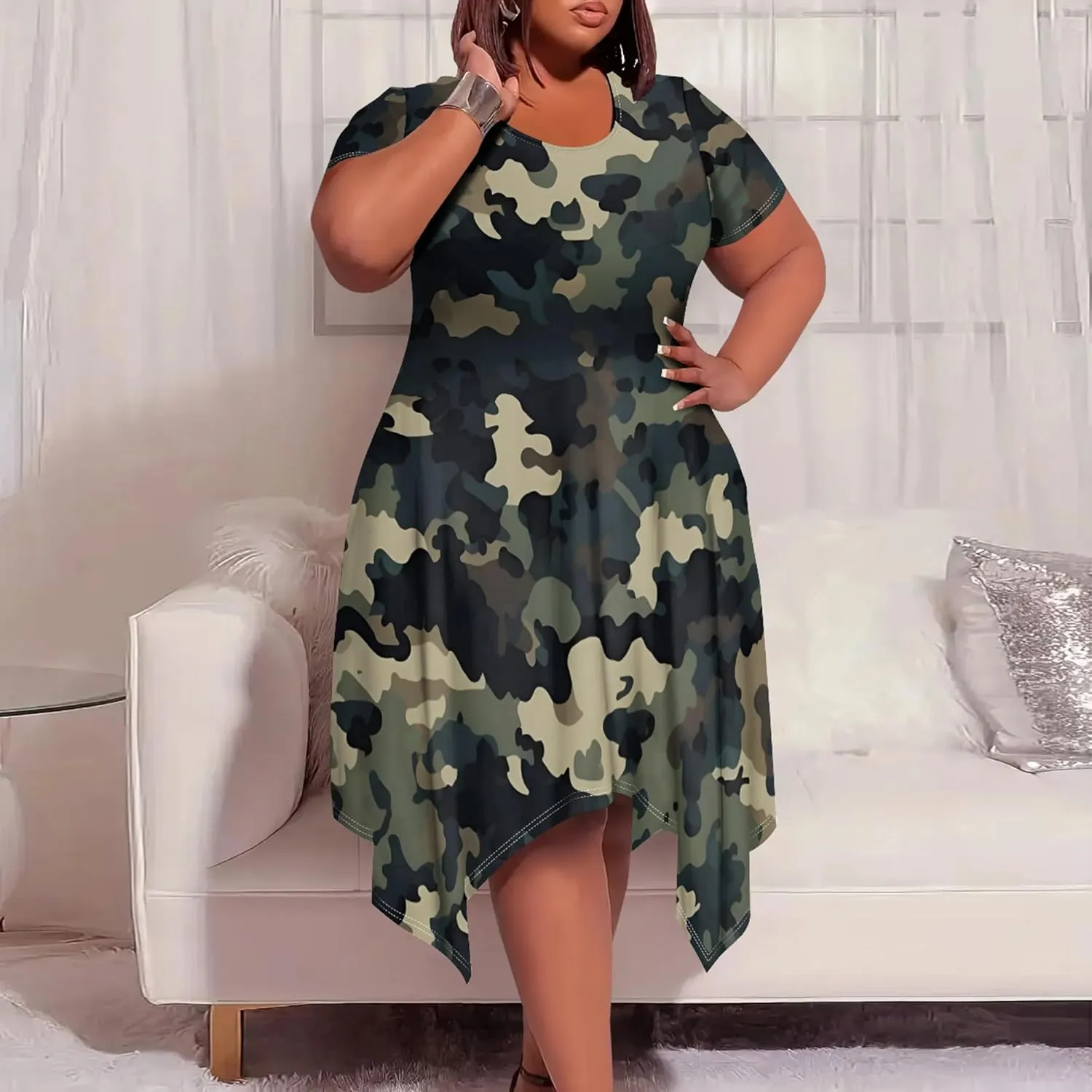 Women's Sexy Curve Fit T-Shirt Dress Plus Size Short Sleeve Midi Dress Camouflage Graphic Print Dress with Pockets