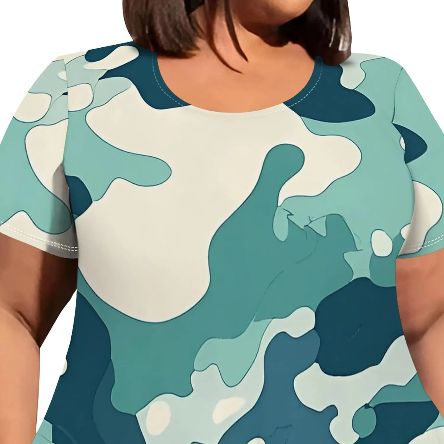 Women's Sexy Curve Fit T-Shirt Dress Plus Size Short Sleeve Midi Dress Camouflage Graphic Print Dress with Pockets