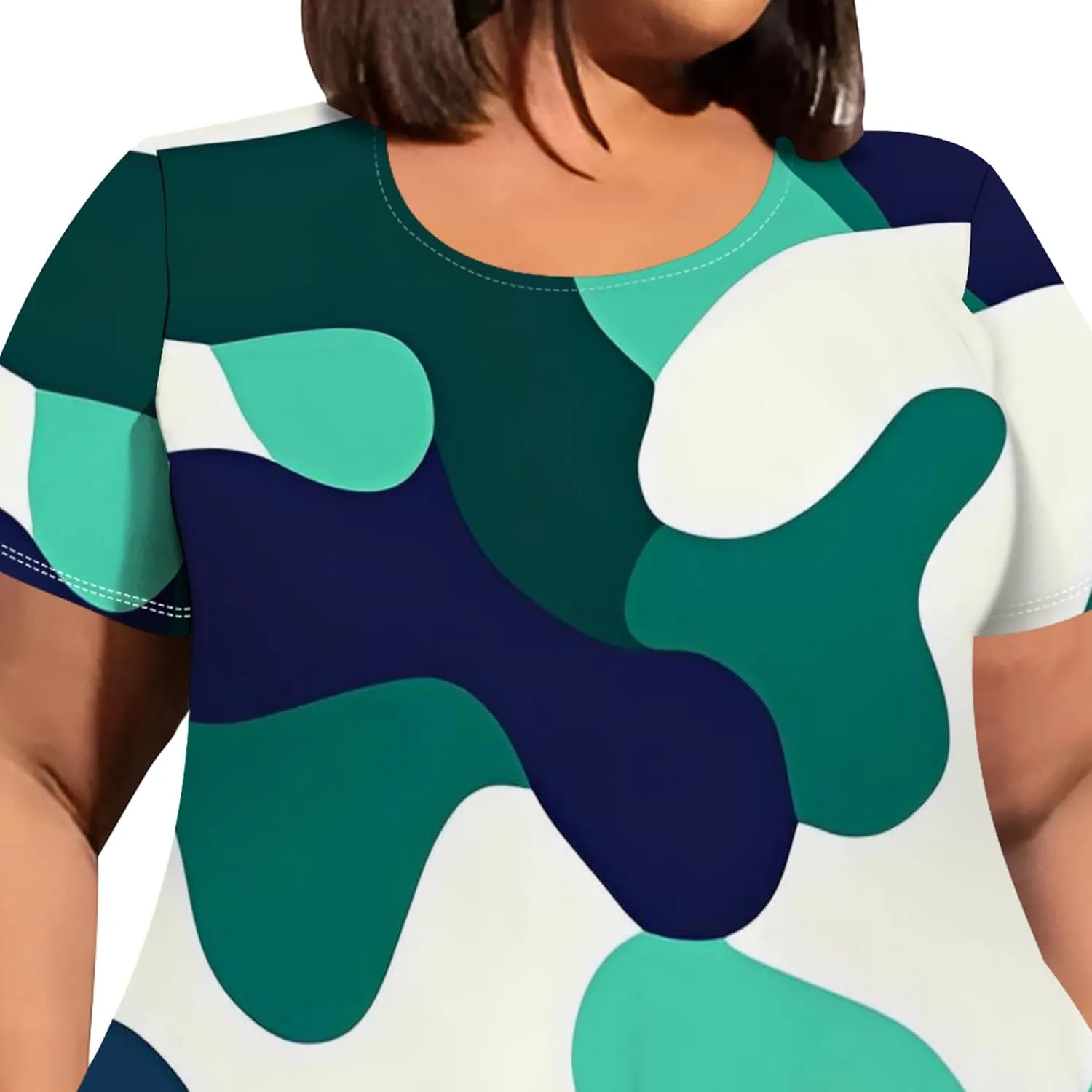 Women's Sexy Curve Fit T-Shirt Dress Plus Size Short Sleeve Midi Dress Camouflage Graphic Print Dress with Pockets