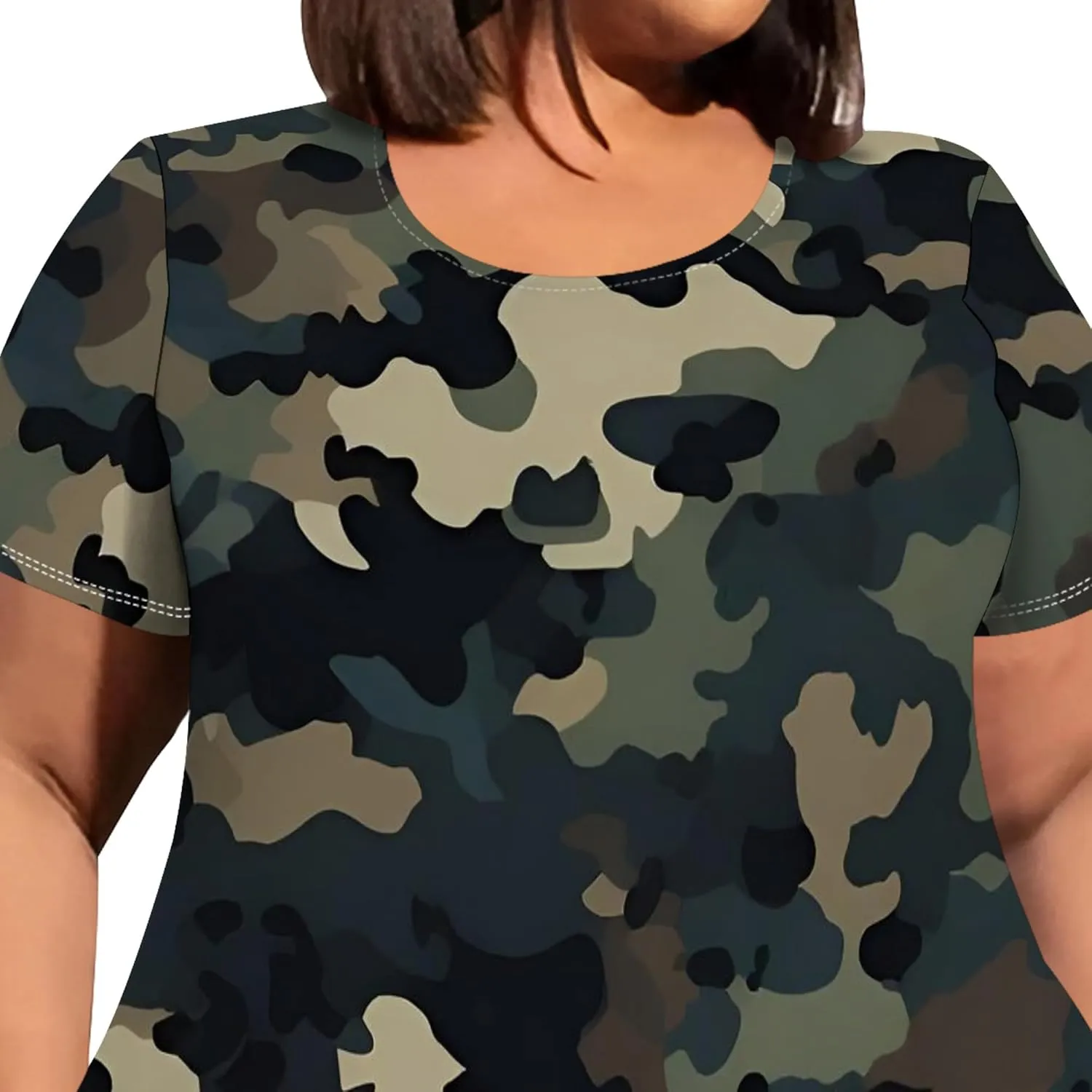 Women's Sexy Curve Fit T-Shirt Dress Plus Size Short Sleeve Midi Dress Camouflage Graphic Print Dress with Pockets