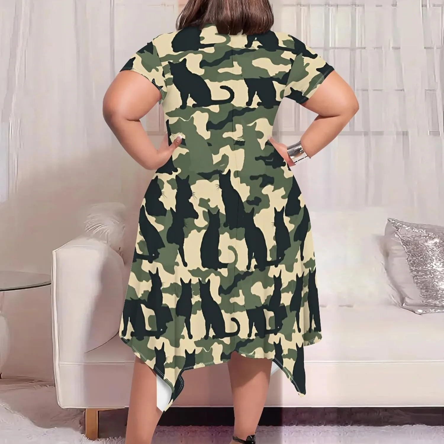 Women's Sexy Curve Fit T-Shirt Dress Plus Size Short Sleeve Midi Dress Camouflage Graphic Print Dress with Pockets