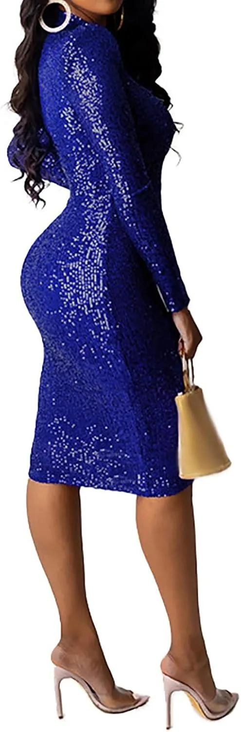 Women's Sexy Elegant Sequin Sparkly Dress Long Sleeve Bodycon Midi Dress Knee Length Cocktail Party Club Dresses