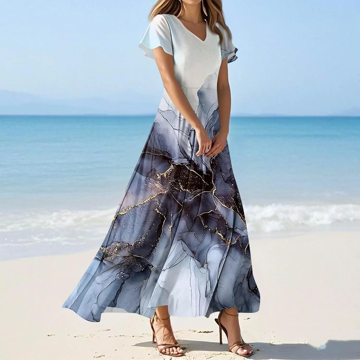 Womens Spring Chiffon Dresses 2025 Summer Flowy Short Sleeve High Waisted Dress A Line Wedding Guest V Neck Dresses
