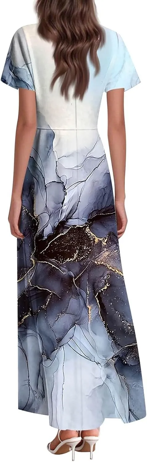 Womens Spring Chiffon Dresses 2025 Summer Flowy Short Sleeve High Waisted Dress A Line Wedding Guest V Neck Dresses