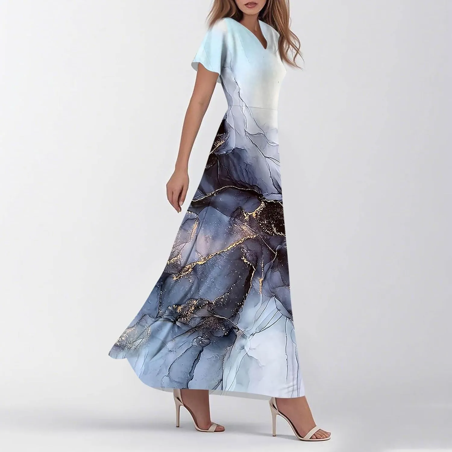 Womens Spring Chiffon Dresses 2025 Summer Flowy Short Sleeve High Waisted Dress A Line Wedding Guest V Neck Dresses