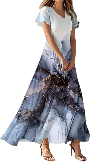 Womens Spring Chiffon Dresses 2025 Summer Flowy Short Sleeve High Waisted Dress A Line Wedding Guest V Neck Dresses