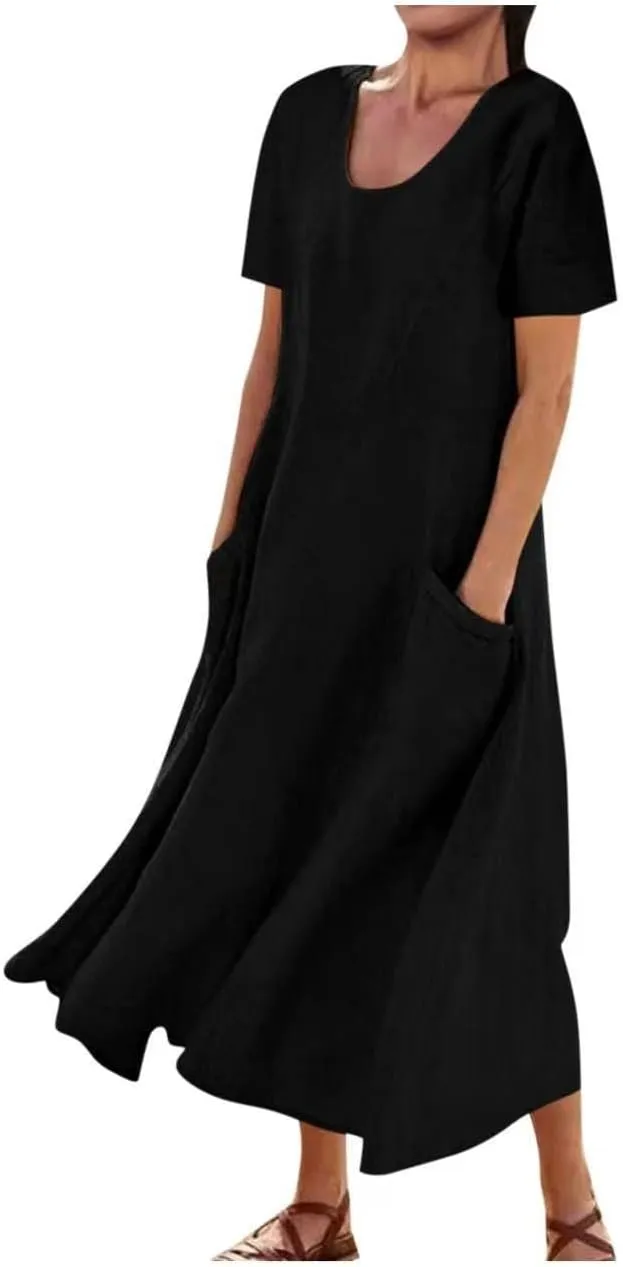 Womens Summer Cotton Linen Dress Short Sleeve Casual Flowy Swing Long Beach Dress Solid Comfy Maxi Dress with Pockets