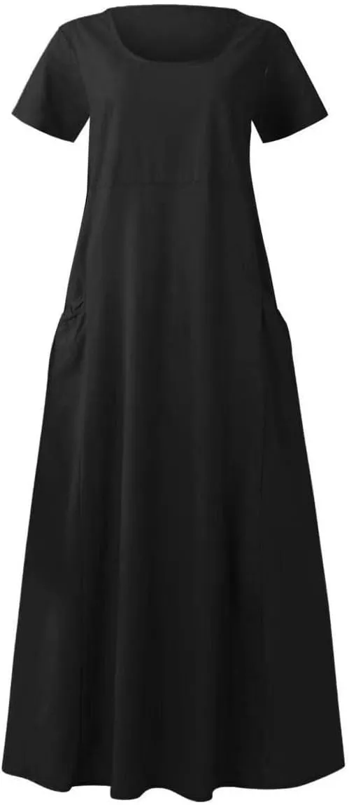 Womens Summer Cotton Linen Dress Short Sleeve Casual Flowy Swing Long Beach Dress Solid Comfy Maxi Dress with Pockets