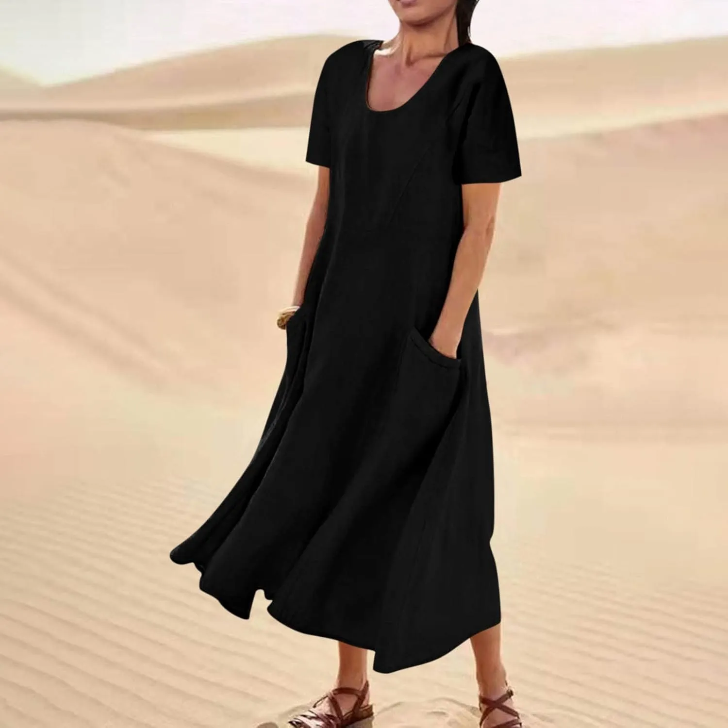 Womens Summer Cotton Linen Dress Short Sleeve Casual Flowy Swing Long Beach Dress Solid Comfy Maxi Dress with Pockets