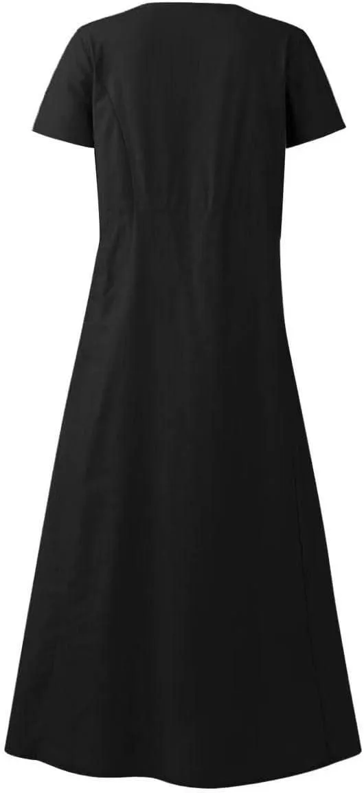 Womens Summer Cotton Linen Dress Short Sleeve Casual Flowy Swing Long Beach Dress Solid Comfy Maxi Dress with Pockets