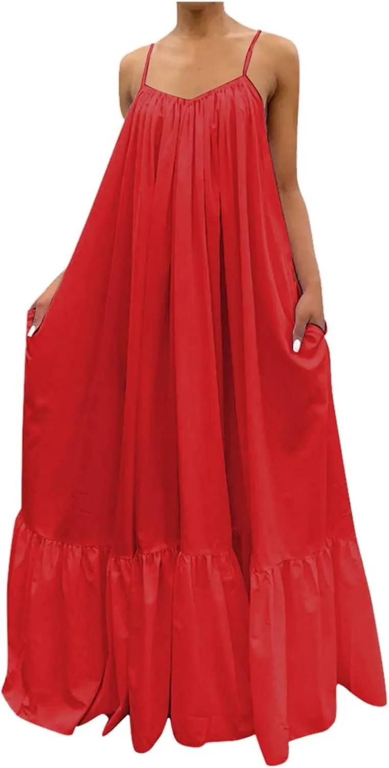 Womens Summer Maxi Dresses Sexy Spaghetti Strap Sleeveless Long Dress Sundress Tiered Ruffle Boho Cami Beach Dress