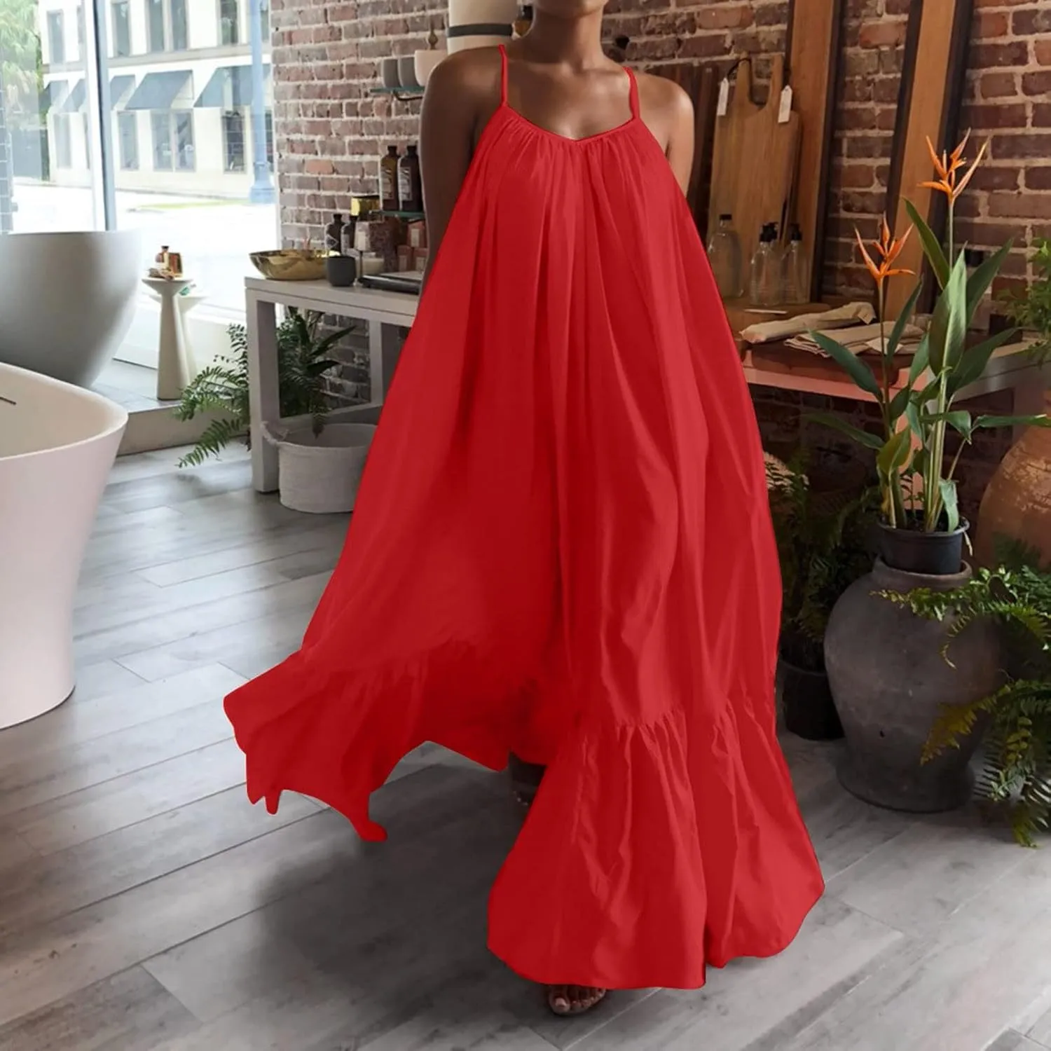 Womens Summer Maxi Dresses Sexy Spaghetti Strap Sleeveless Long Dress Sundress Tiered Ruffle Boho Cami Beach Dress
