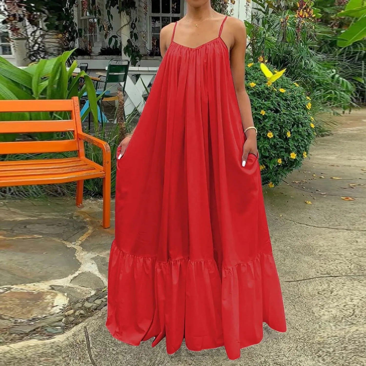 Womens Summer Maxi Dresses Sexy Spaghetti Strap Sleeveless Long Dress Sundress Tiered Ruffle Boho Cami Beach Dress