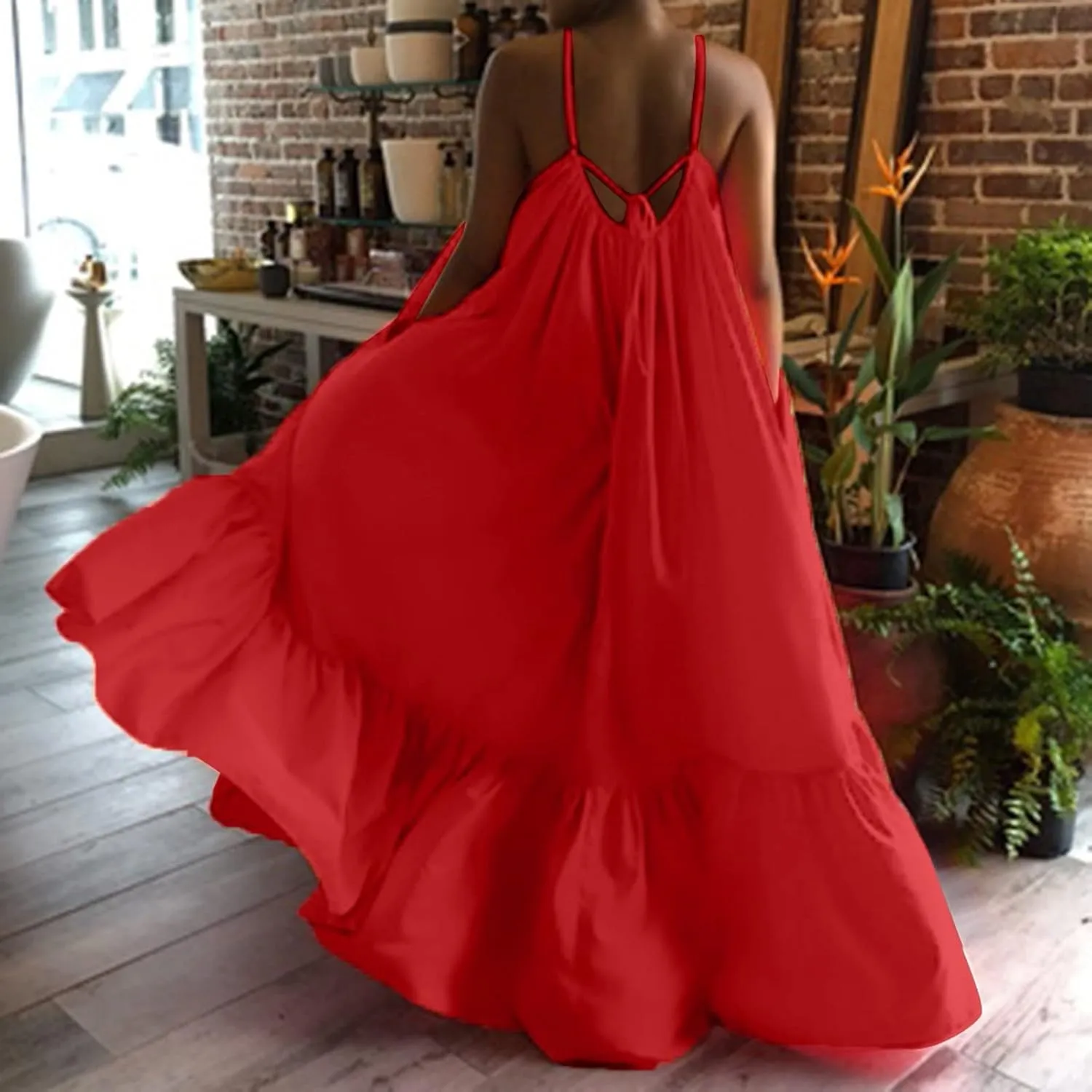 Womens Summer Maxi Dresses Sexy Spaghetti Strap Sleeveless Long Dress Sundress Tiered Ruffle Boho Cami Beach Dress