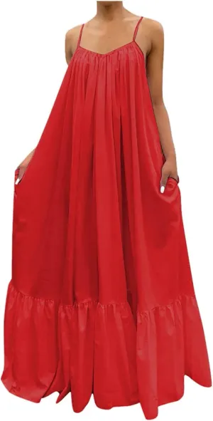 Womens Summer Maxi Dresses Sexy Spaghetti Strap Sleeveless Long Dress Sundress Tiered Ruffle Boho Cami Beach Dress