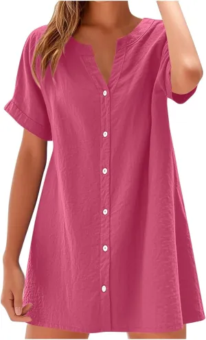 Women's Summer Short Dresses Trendy Button Down Plus Size V Neck Boho Sundress Spring Mini Dress 2025