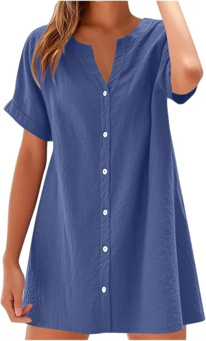 Women's Summer Short Dresses Trendy Button Down Plus Size V Neck Boho Sundress Spring Mini Dress 2025