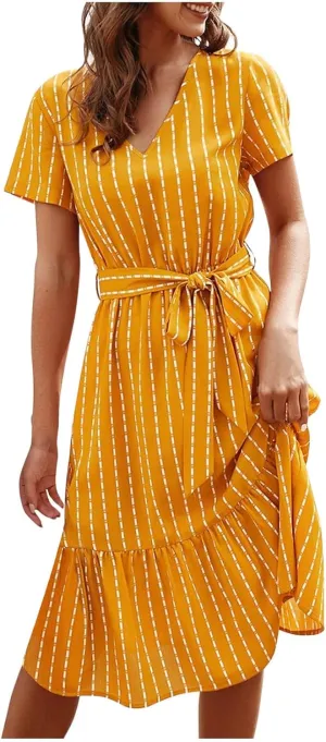 Womens Summer Striped Ruffle Hem Dress Short Sleeve V Neck Flowy A-Line Dresses Casual Waist Lace Up Knee Length Dress