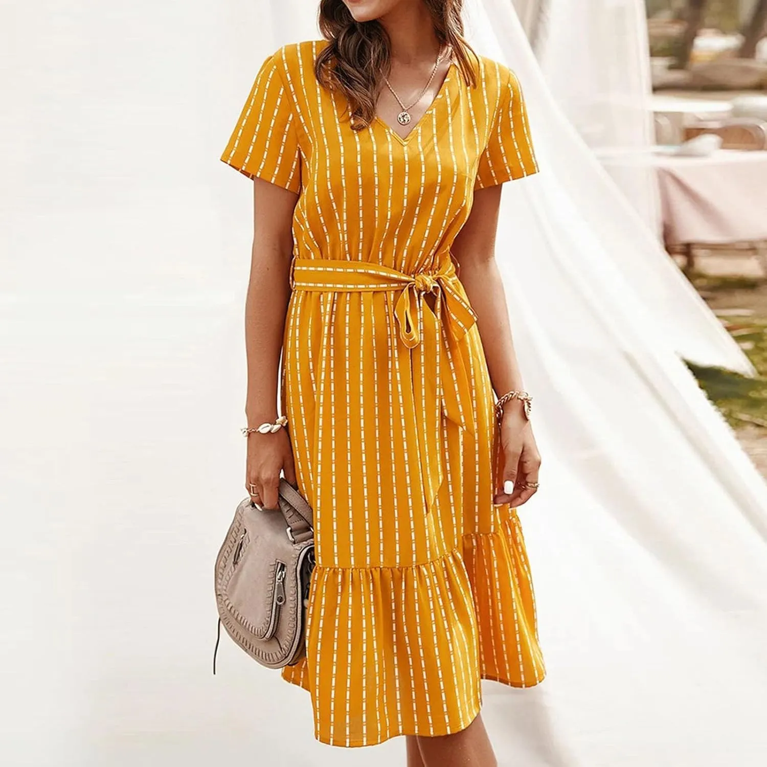 Womens Summer Striped Ruffle Hem Dress Short Sleeve V Neck Flowy A-Line Dresses Casual Waist Lace Up Knee Length Dress