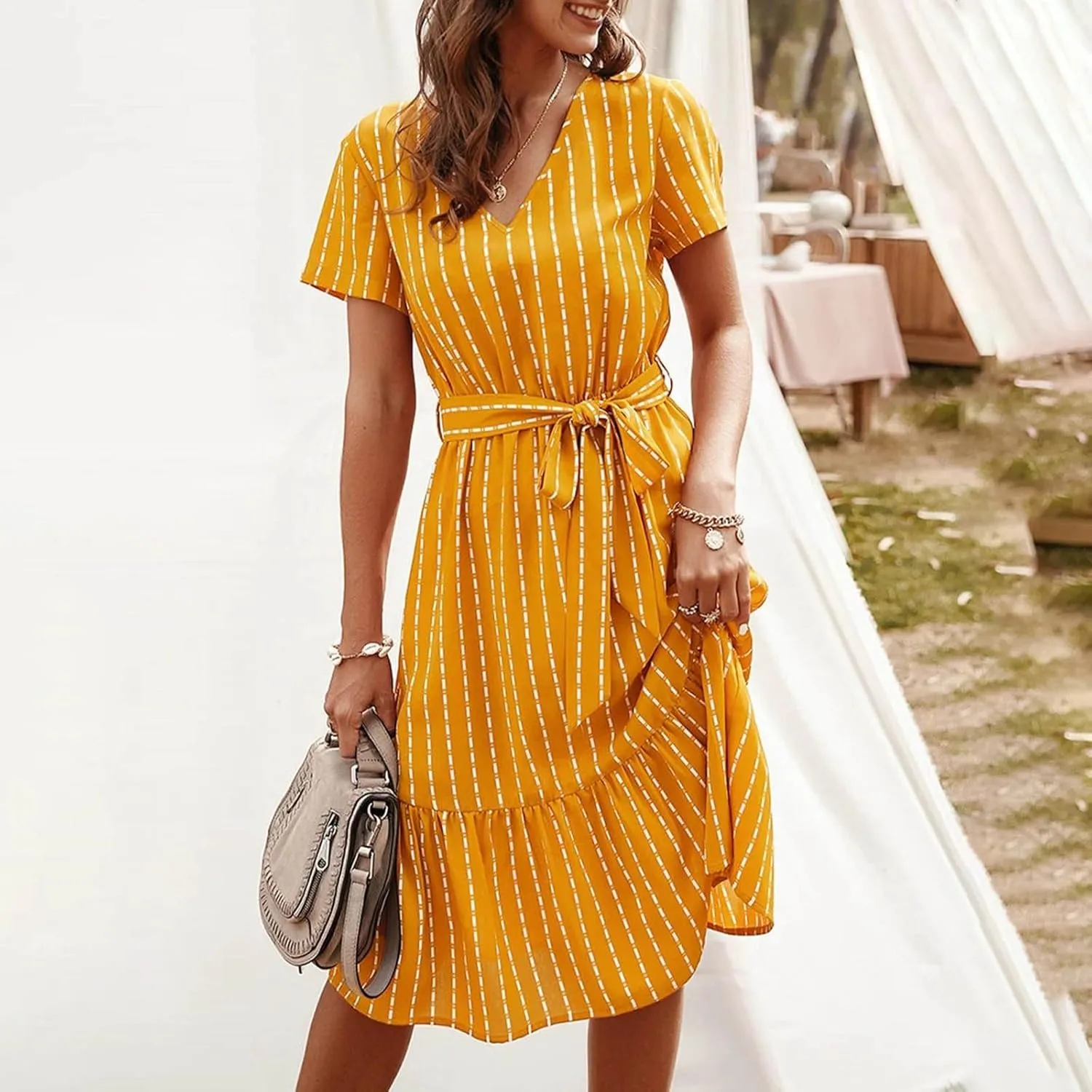 Womens Summer Striped Ruffle Hem Dress Short Sleeve V Neck Flowy A-Line Dresses Casual Waist Lace Up Knee Length Dress
