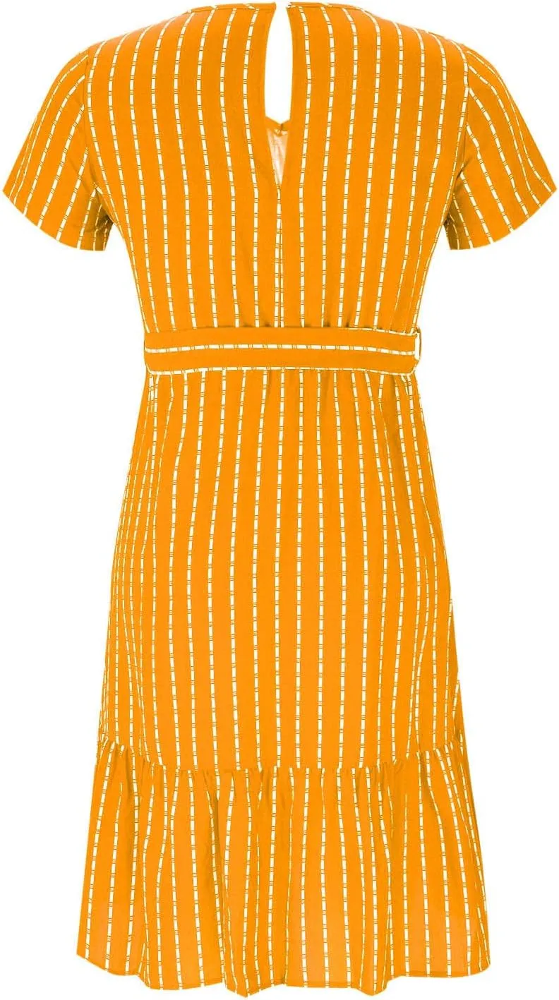 Womens Summer Striped Ruffle Hem Dress Short Sleeve V Neck Flowy A-Line Dresses Casual Waist Lace Up Knee Length Dress