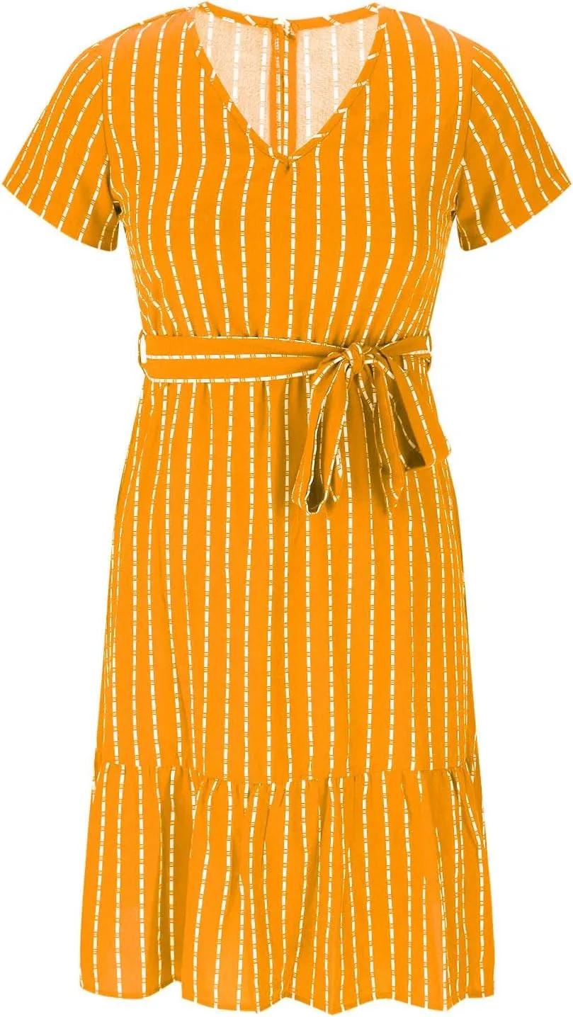 Womens Summer Striped Ruffle Hem Dress Short Sleeve V Neck Flowy A-Line Dresses Casual Waist Lace Up Knee Length Dress