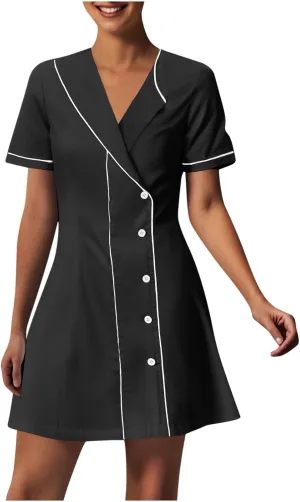 Women's V Neck Button Dresses Short Sleeve Dress Trending Vacation Casual Plus Size Midi Scrub Sundress 2025 New