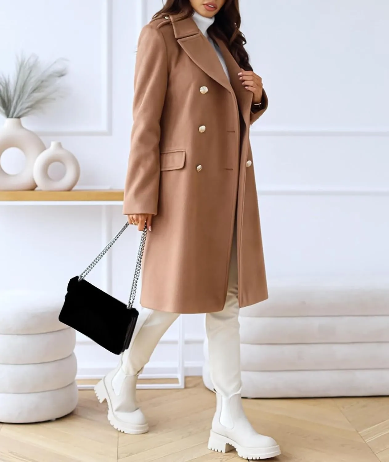 xxxiticat Women's Wool Blend Trench Coat Long Sleeve Classic Double Breasted Notch Lapel Winter PeaCoat Overcoat