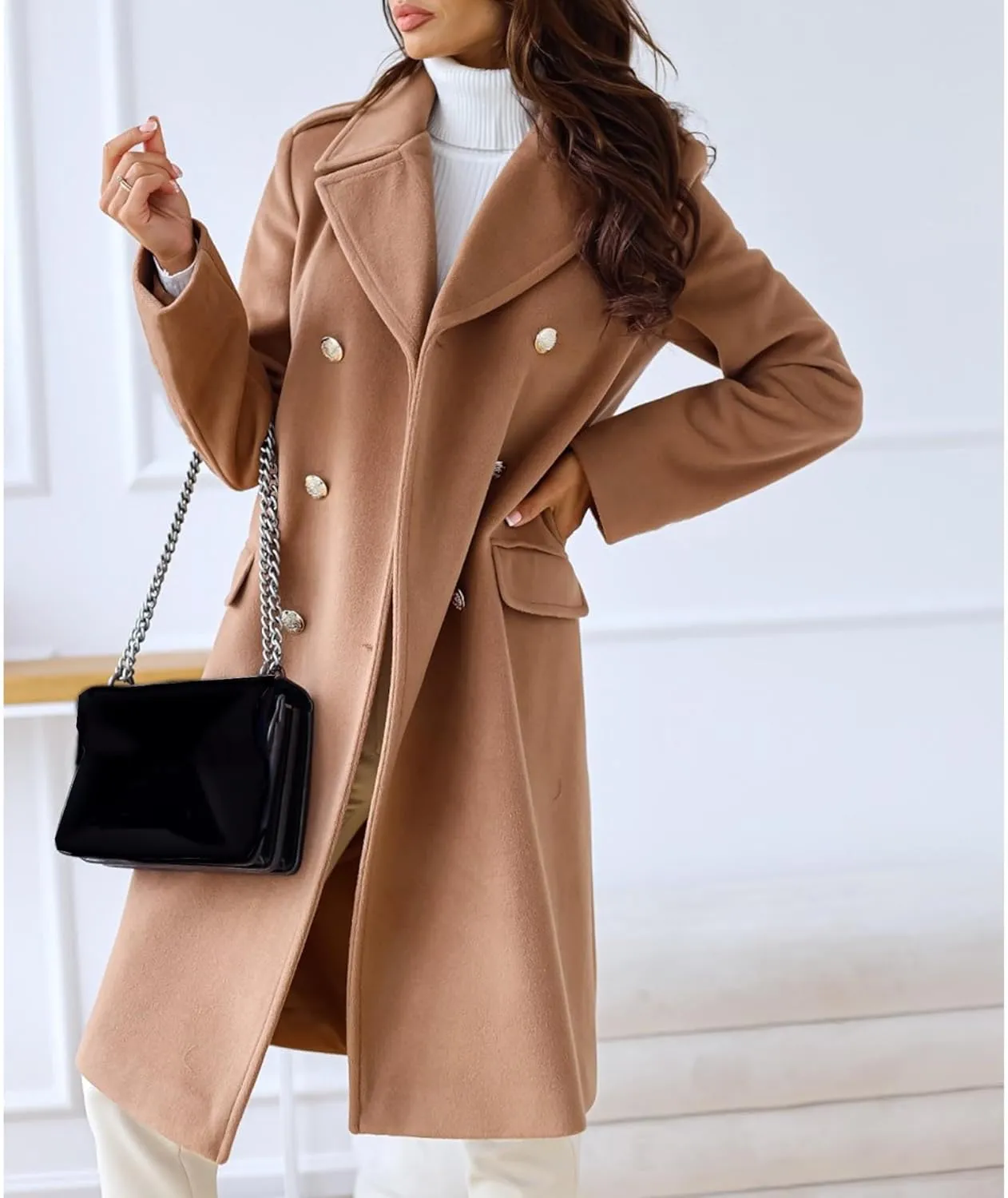 xxxiticat Women's Wool Blend Trench Coat Long Sleeve Classic Double Breasted Notch Lapel Winter PeaCoat Overcoat