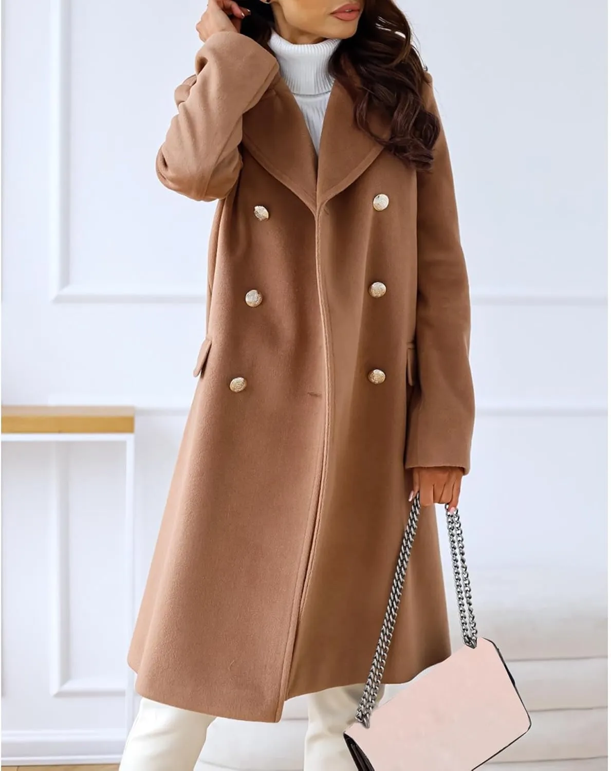 xxxiticat Women's Wool Blend Trench Coat Long Sleeve Classic Double Breasted Notch Lapel Winter PeaCoat Overcoat