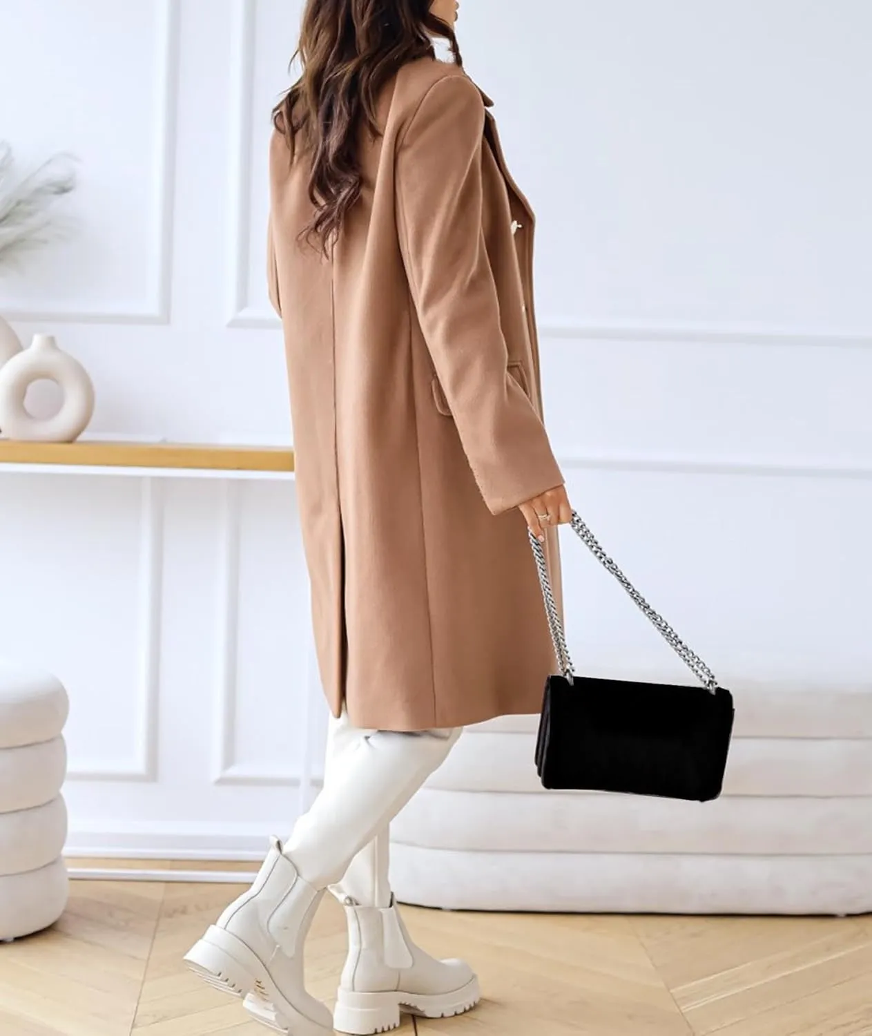 xxxiticat Women's Wool Blend Trench Coat Long Sleeve Classic Double Breasted Notch Lapel Winter PeaCoat Overcoat