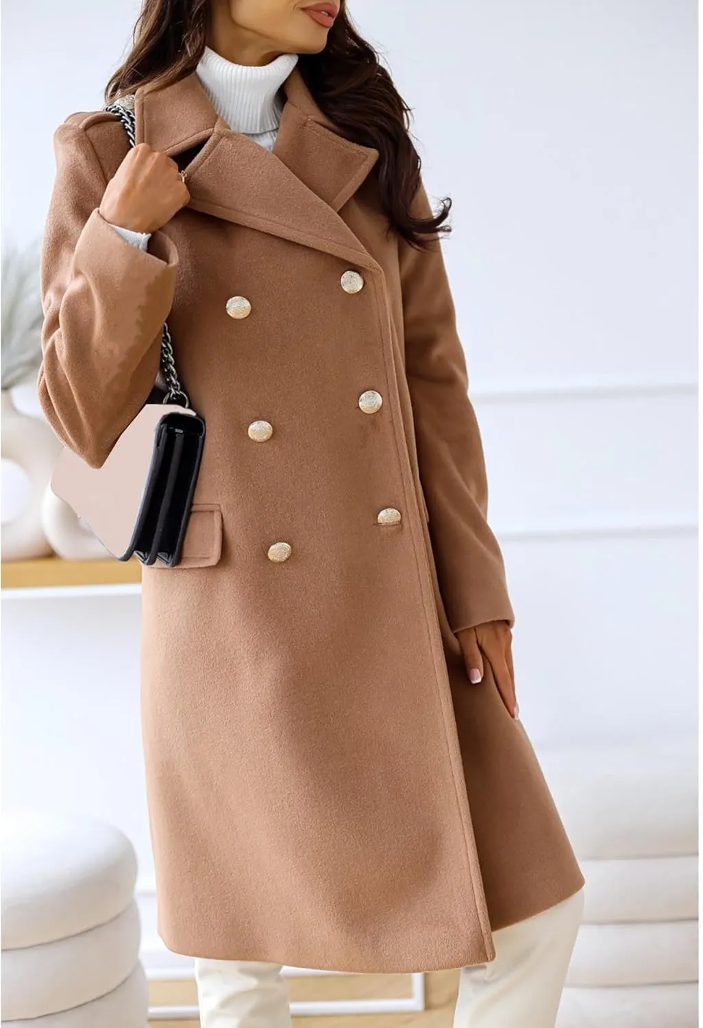 xxxiticat Women's Wool Blend Trench Coat Long Sleeve Classic Double Breasted Notch Lapel Winter PeaCoat Overcoat