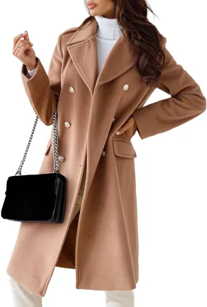 xxxiticat Women's Wool Blend Trench Coat Long Sleeve Classic Double Breasted Notch Lapel Winter PeaCoat Overcoat
