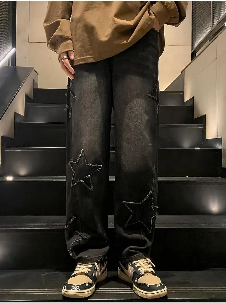 Y2K Vintage Men Korean Blue Streetwear Oversize Star Aesthetic Straight Trousers Wide Leg Jeans Grunge Denim Pants