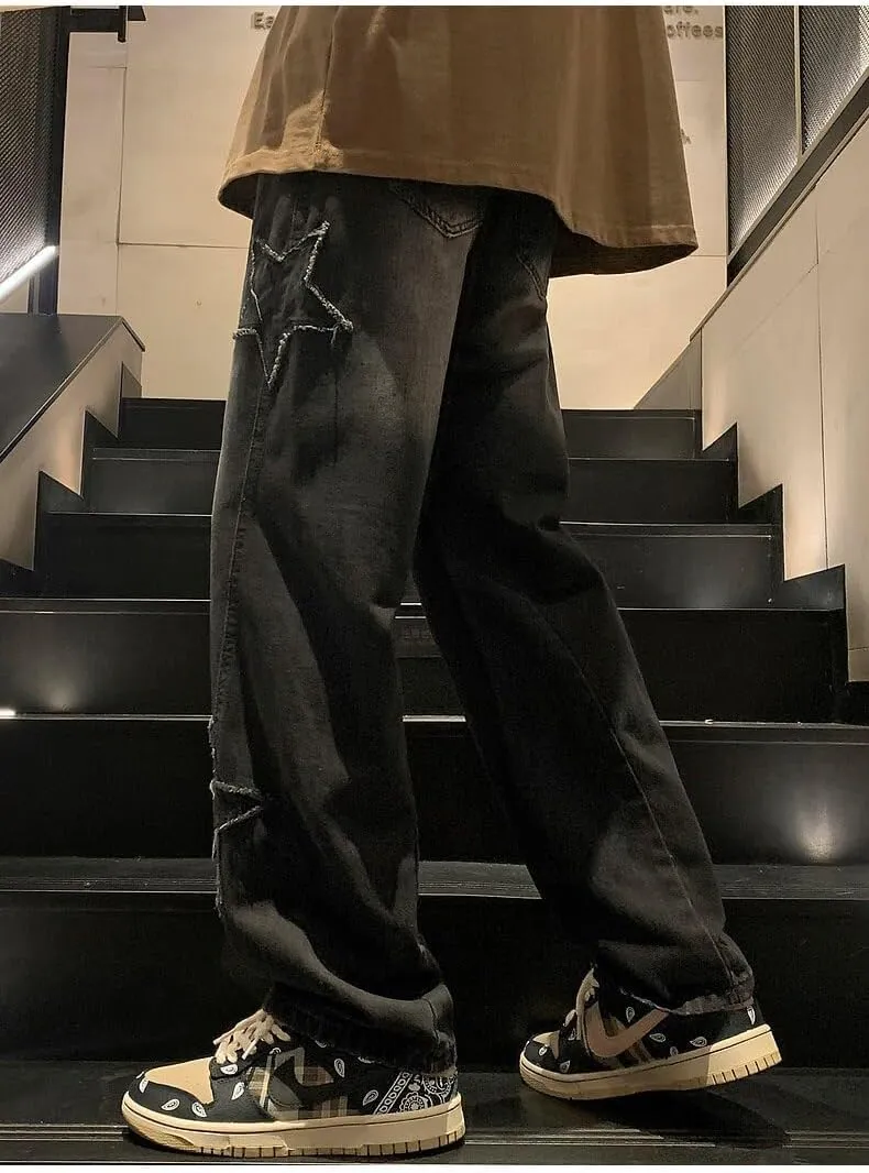 Y2K Vintage Men Korean Blue Streetwear Oversize Star Aesthetic Straight Trousers Wide Leg Jeans Grunge Denim Pants