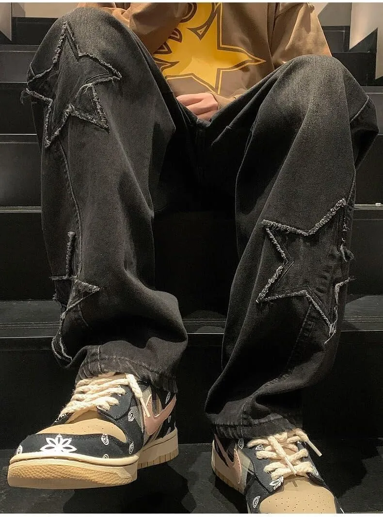 Y2K Vintage Men Korean Blue Streetwear Oversize Star Aesthetic Straight Trousers Wide Leg Jeans Grunge Denim Pants