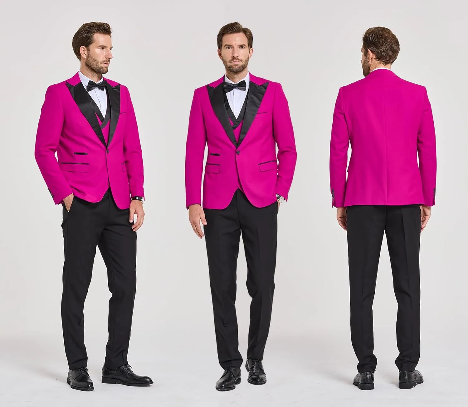 YND Men's 3 Piece Slim Fit Wedding Tuxedo Set, Peak Lapel One Button Suit Jacket, Double Breasted Vest Pants with Bow Tie