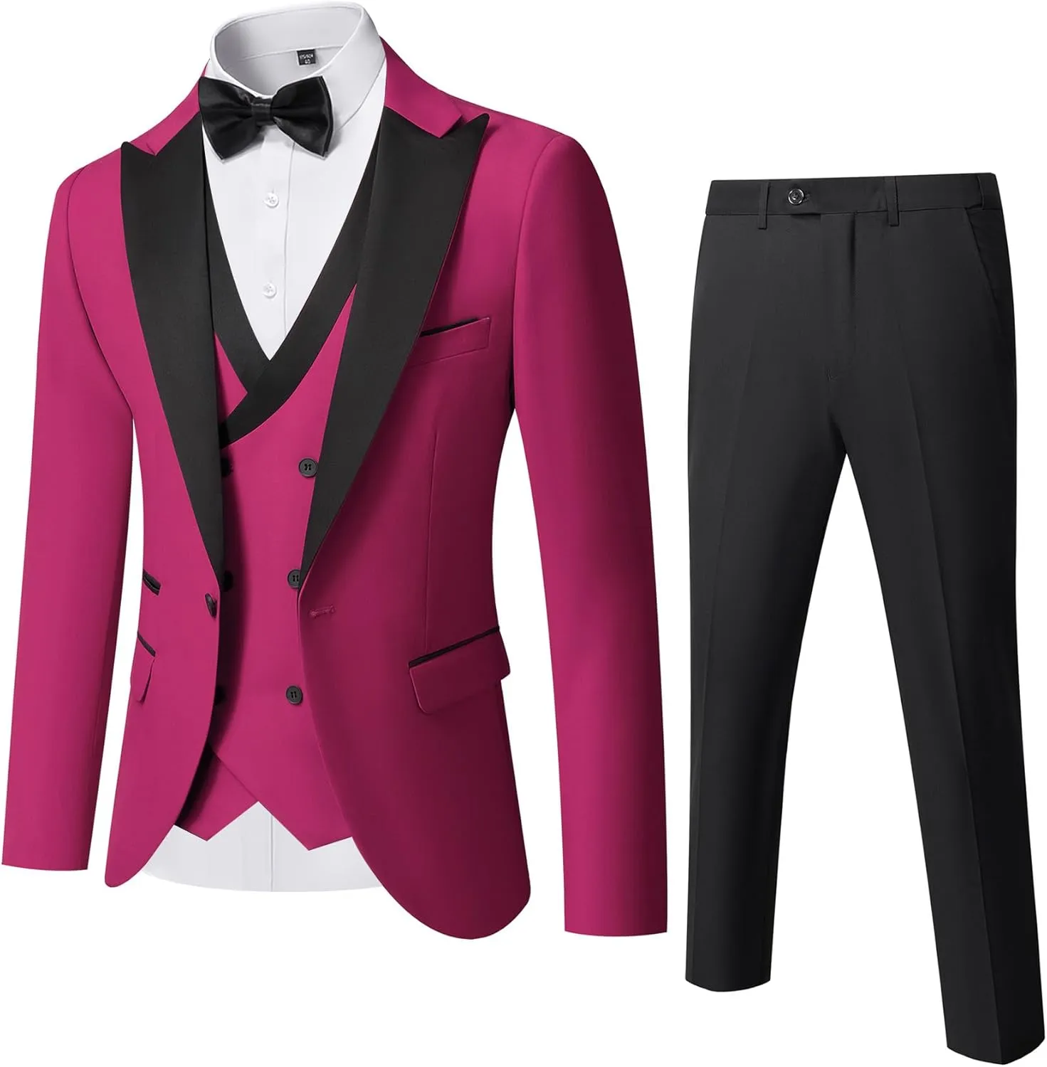 YND Men's 3 Piece Slim Fit Wedding Tuxedo Set, Peak Lapel One Button Suit Jacket, Double Breasted Vest Pants with Bow Tie