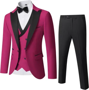 YND Men's 3 Piece Slim Fit Wedding Tuxedo Set, Peak Lapel One Button Suit Jacket, Double Breasted Vest Pants with Bow Tie
