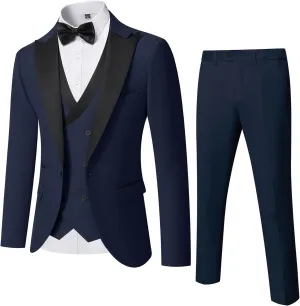 YND Men's 3 Piece Slim Fit Wedding Tuxedo Set, Peak Lapel One Button Suit Jacket, Double Breasted Vest Pants with Bow Tie
